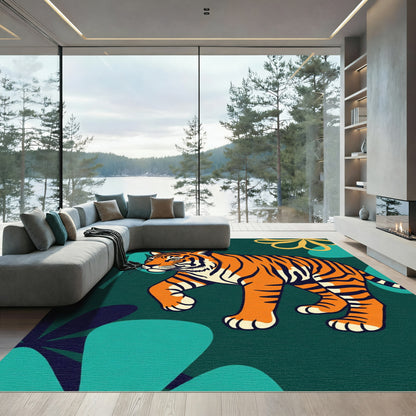 Vibrant Orange Tiger Jungle Foliage Rug