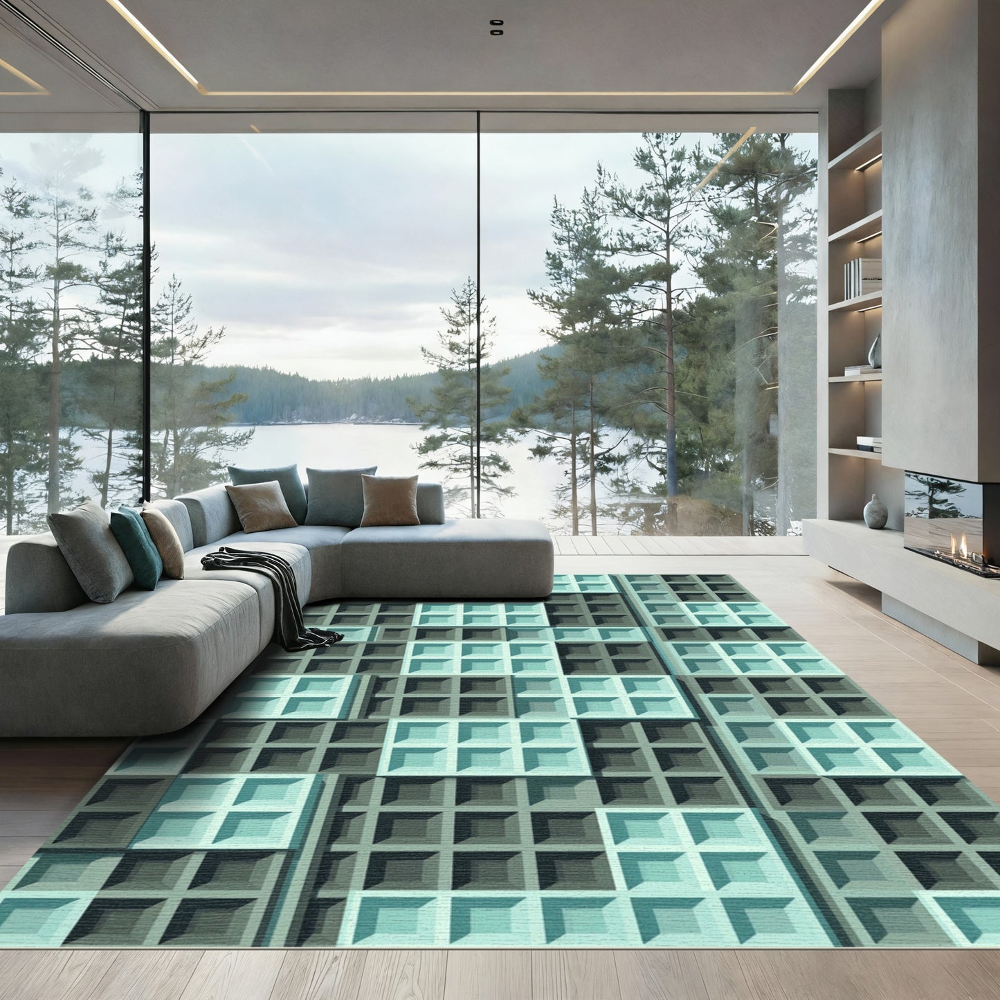 Modern Mint and Charcoal Grid Geometric Rug