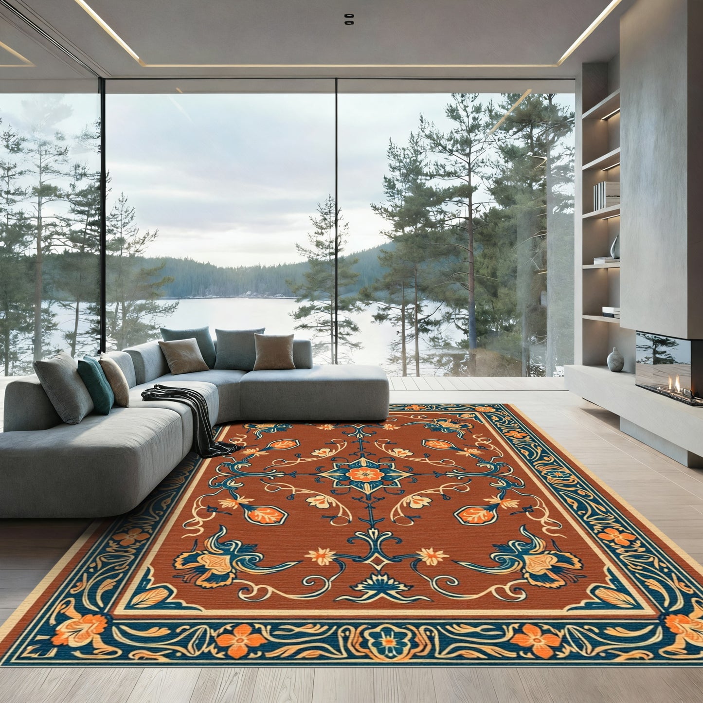 Rich Amber Floral Medallion Border Rug