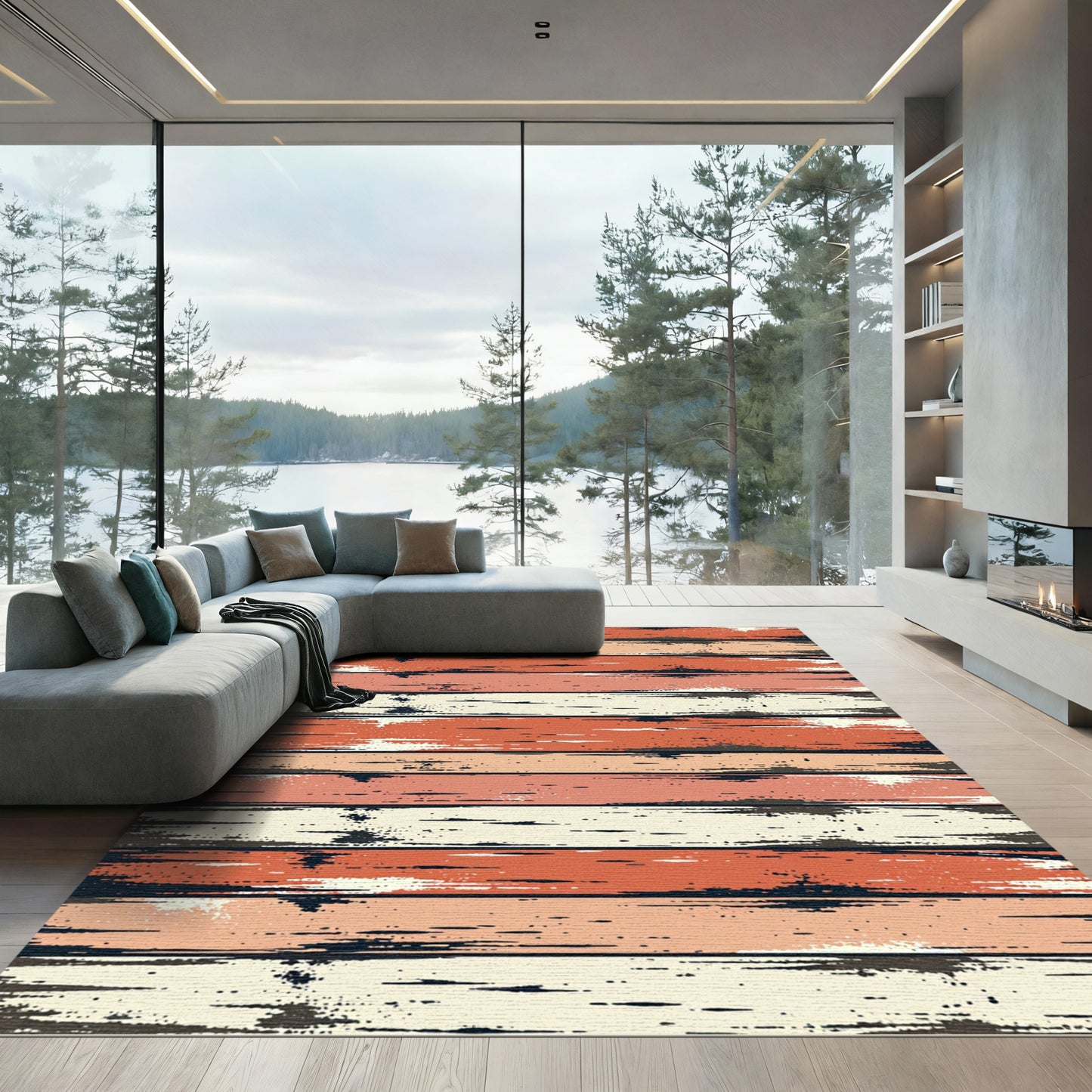 Rustic Distressed Terracotta and Cream Stripes Rug