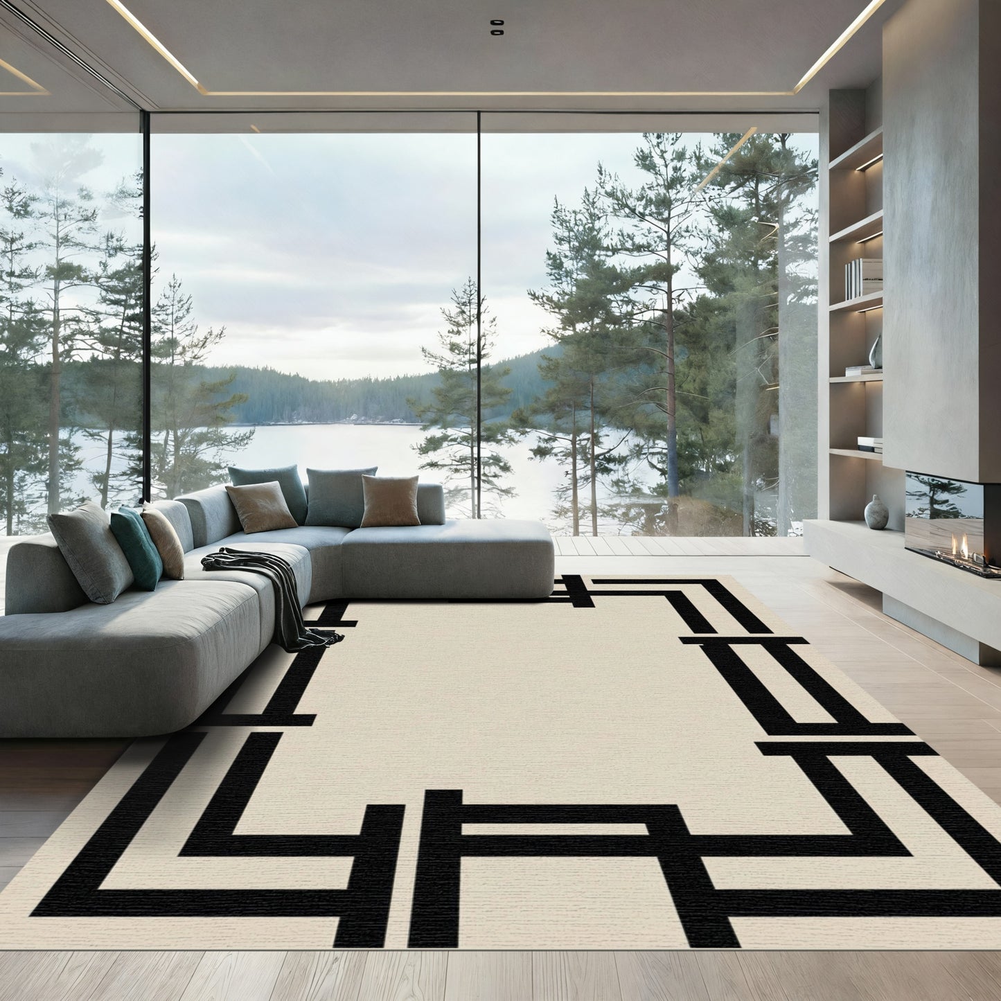Minimalist Black Cream Geometric Frame Rug