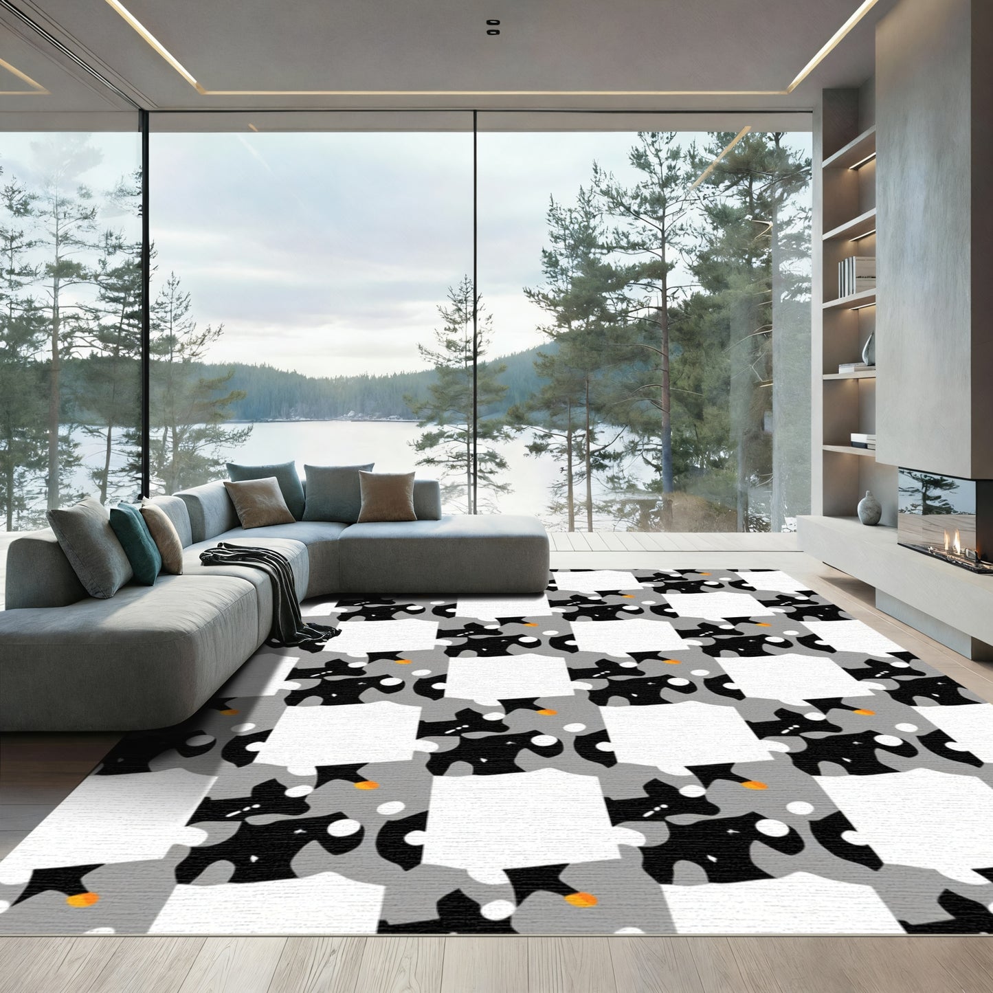 Modern Geometric Black White Gray Swirl Rug