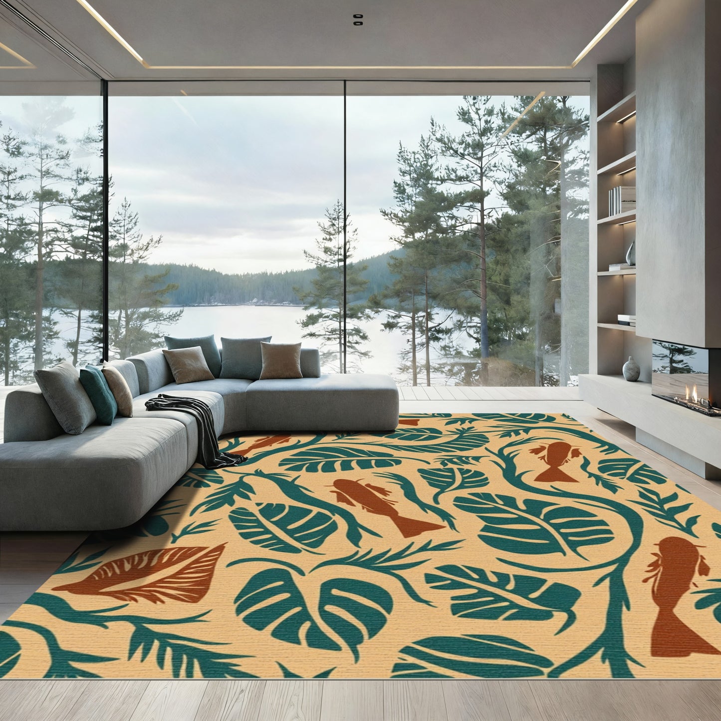 Brown Fish Teal Foliage Tropical Rug