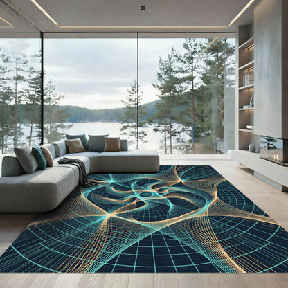 Cosmic Teal and Gold Swirling Fractal Rug