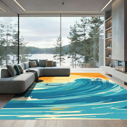 Coastal Teal Wave Sunset Surfer Rug