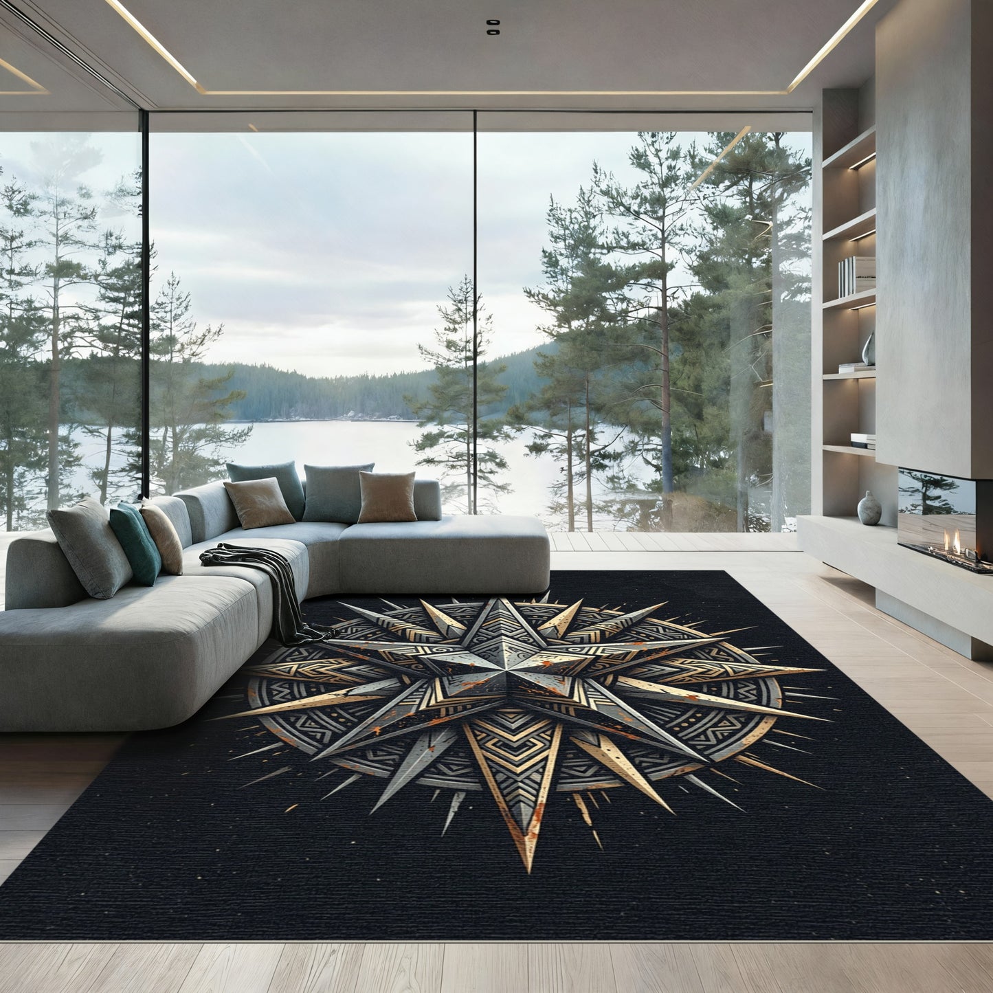 Metallic Geometric Compass Celestial Astral Star Rug