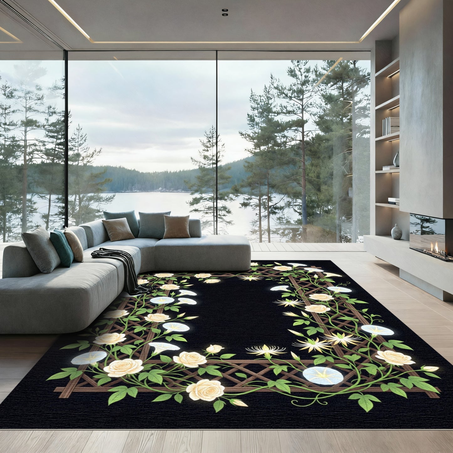 Cream Rose Morning Glory Trellis Rug