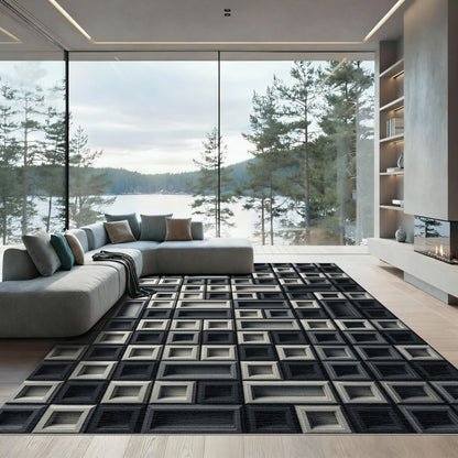 Monochrome Geometric Grid Recessed Squares Rug