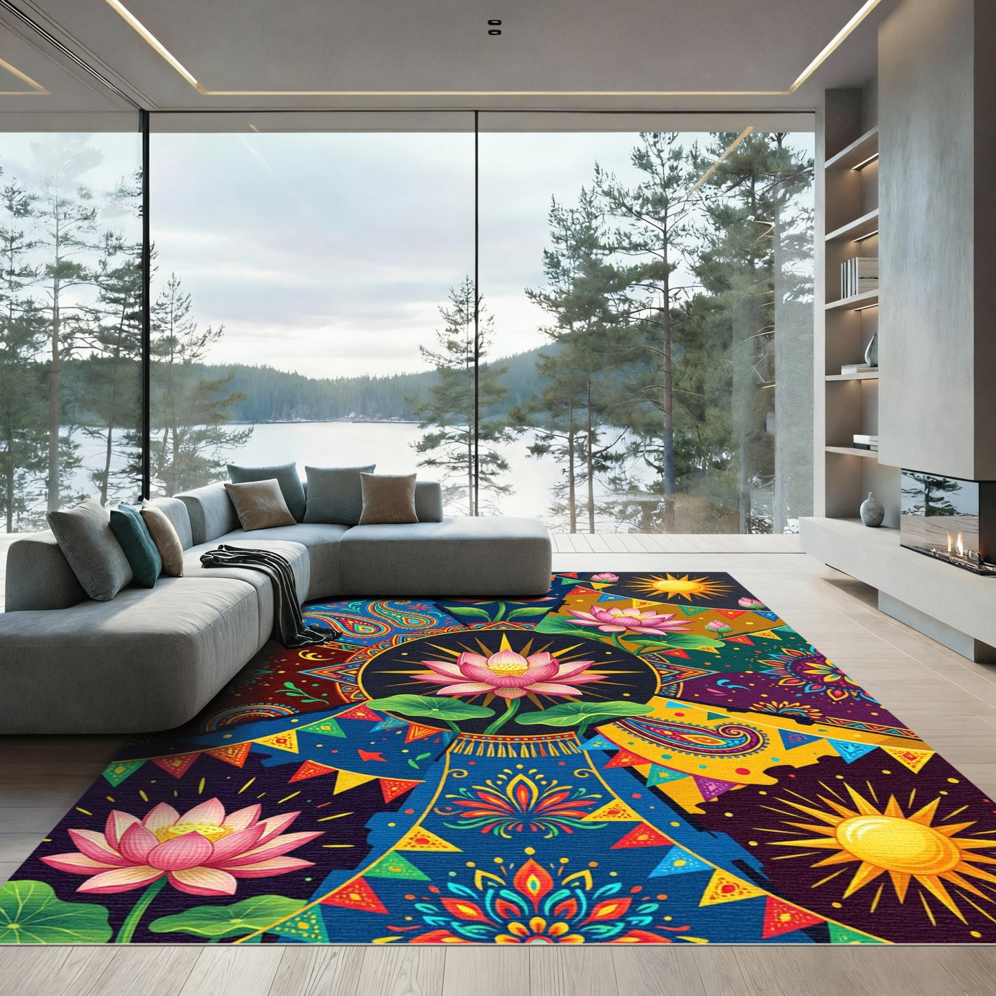 Vibrant Paisley Lotus Sun Bunting Collage Rug