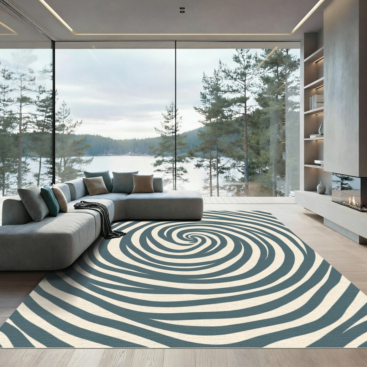 Teal Swirling Organic Striations Rug