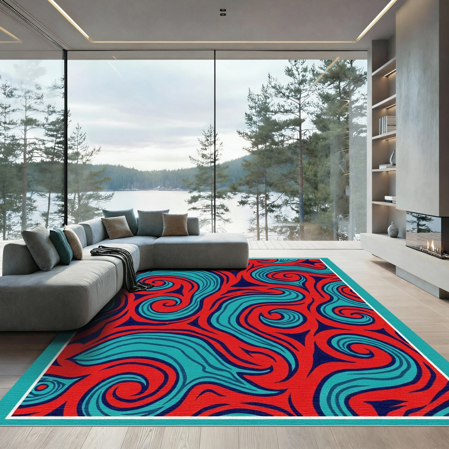 Crimson Turquoise Swirl Abstract Rug
