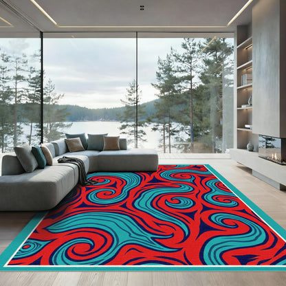 Crimson Turquoise Swirl Abstract Rug