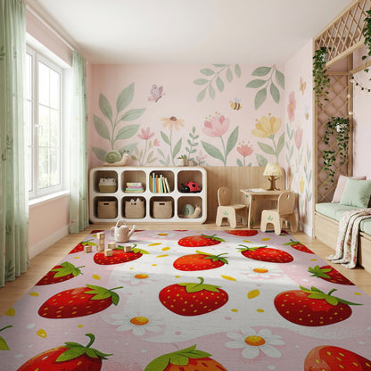 Pink Strawberry Daisy Whimsical Rug