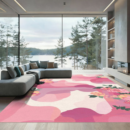 Sweet Pink Peony Floral Waves Rug