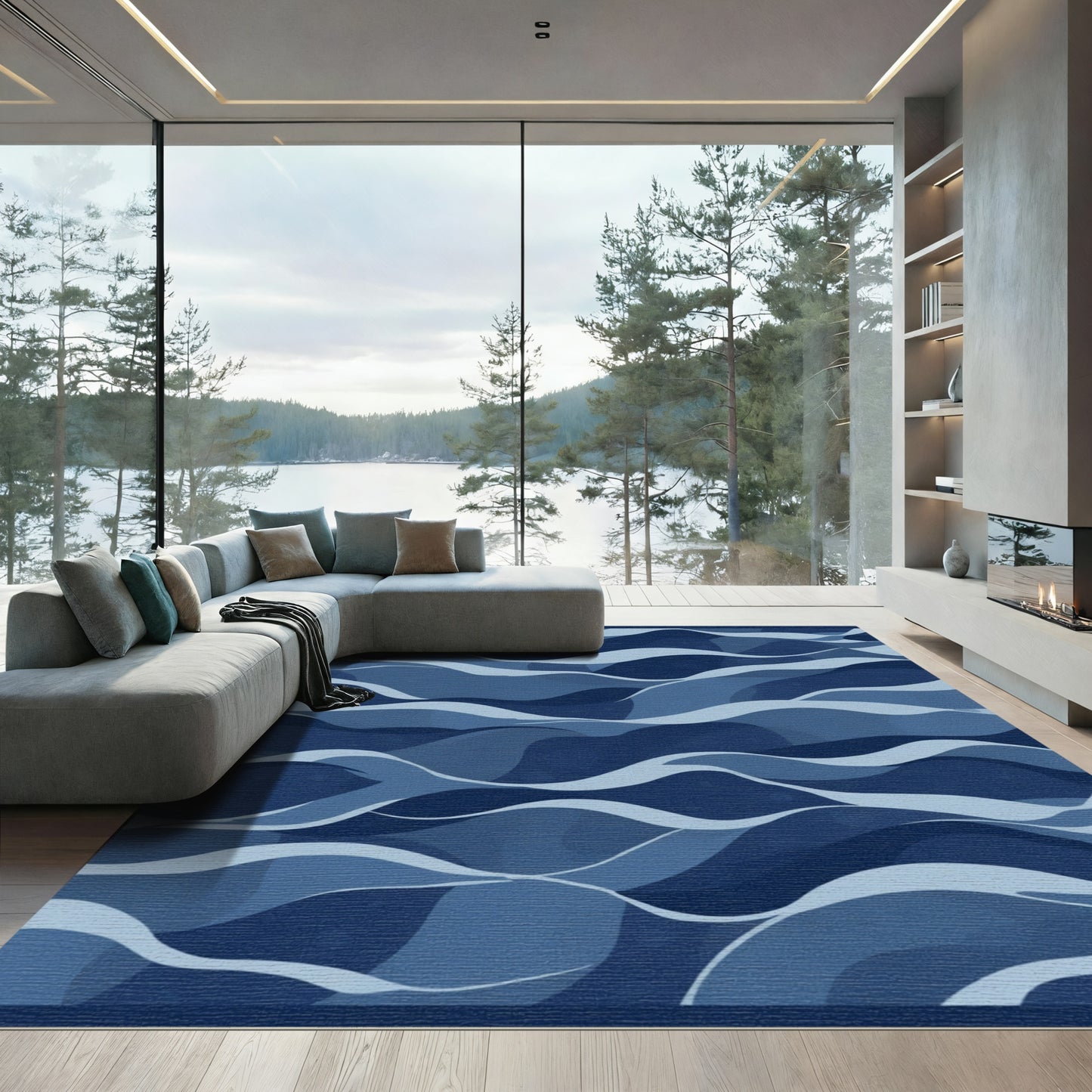 Deep Blue Wave Layered Rug