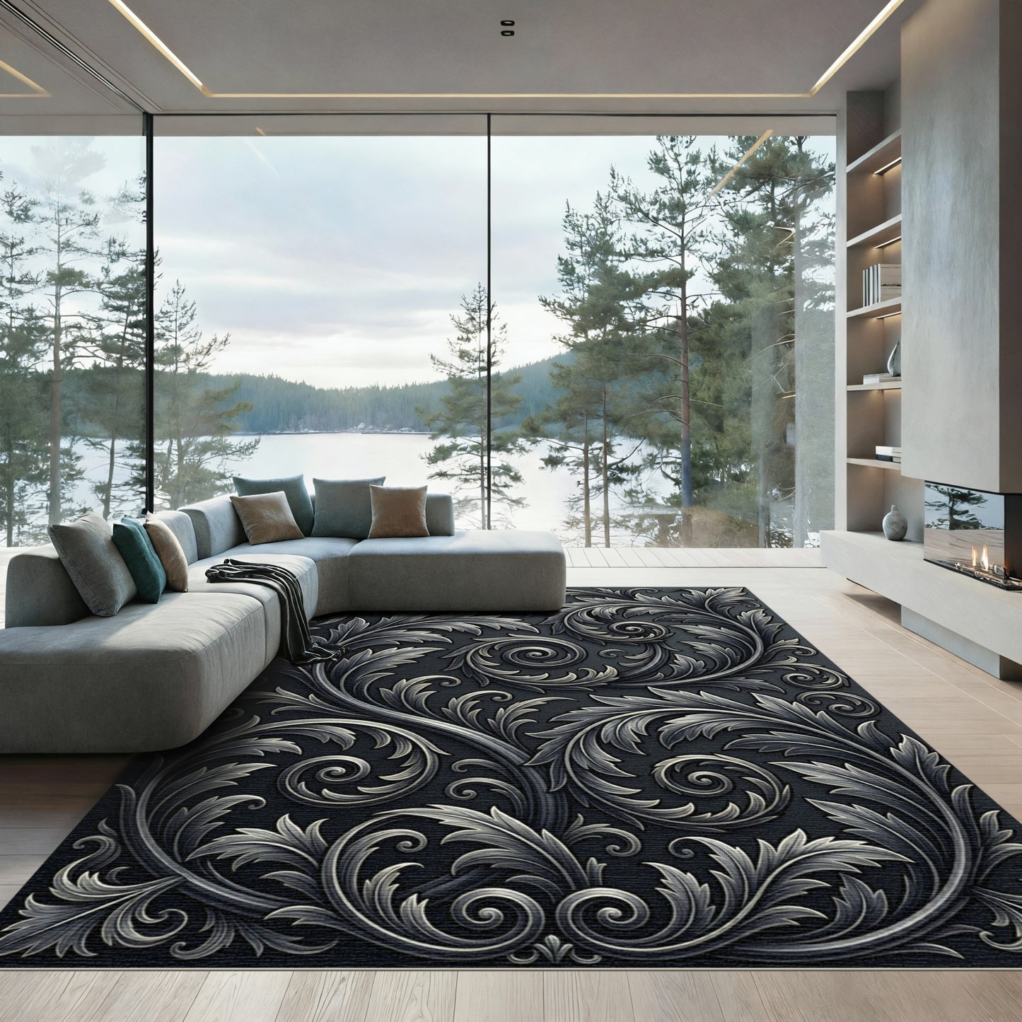Ornate Dark Silver Acanthus Scroll Rug