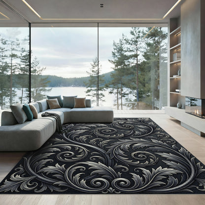 Ornate Dark Silver Acanthus Scroll Rug