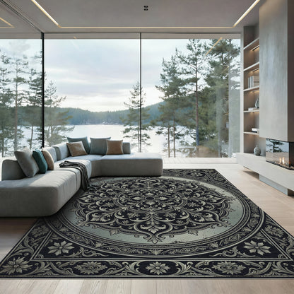 Vintage Charcoal Silver Ornate Medallion Rug