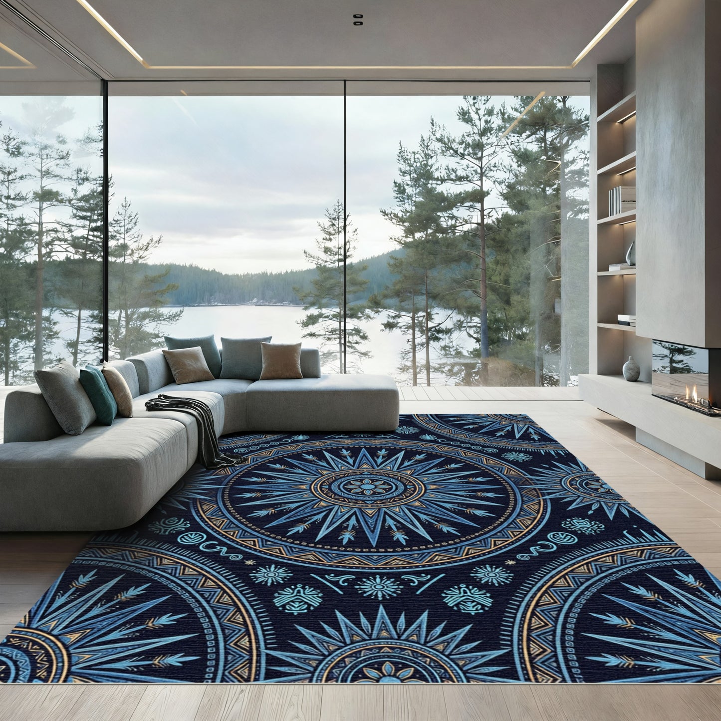 Deep Blue Golden Sunburst Mandala Rug