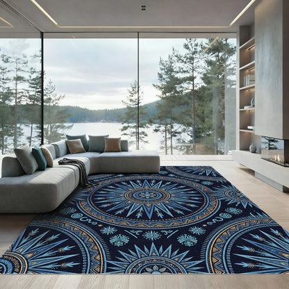 Deep Blue Golden Sunburst Mandala Rug