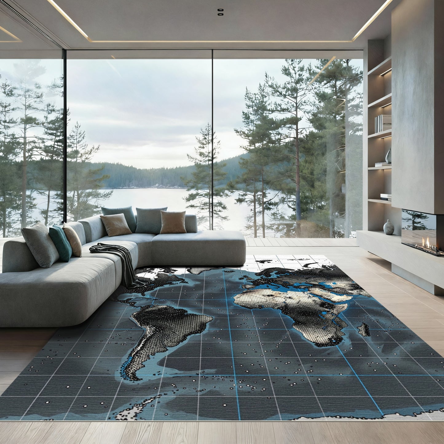 Cartographic Grayscale World Map Coordinates Rug