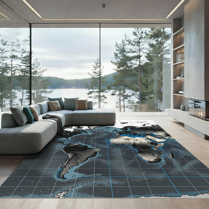 Cartographic Grayscale World Map Coordinates Rug