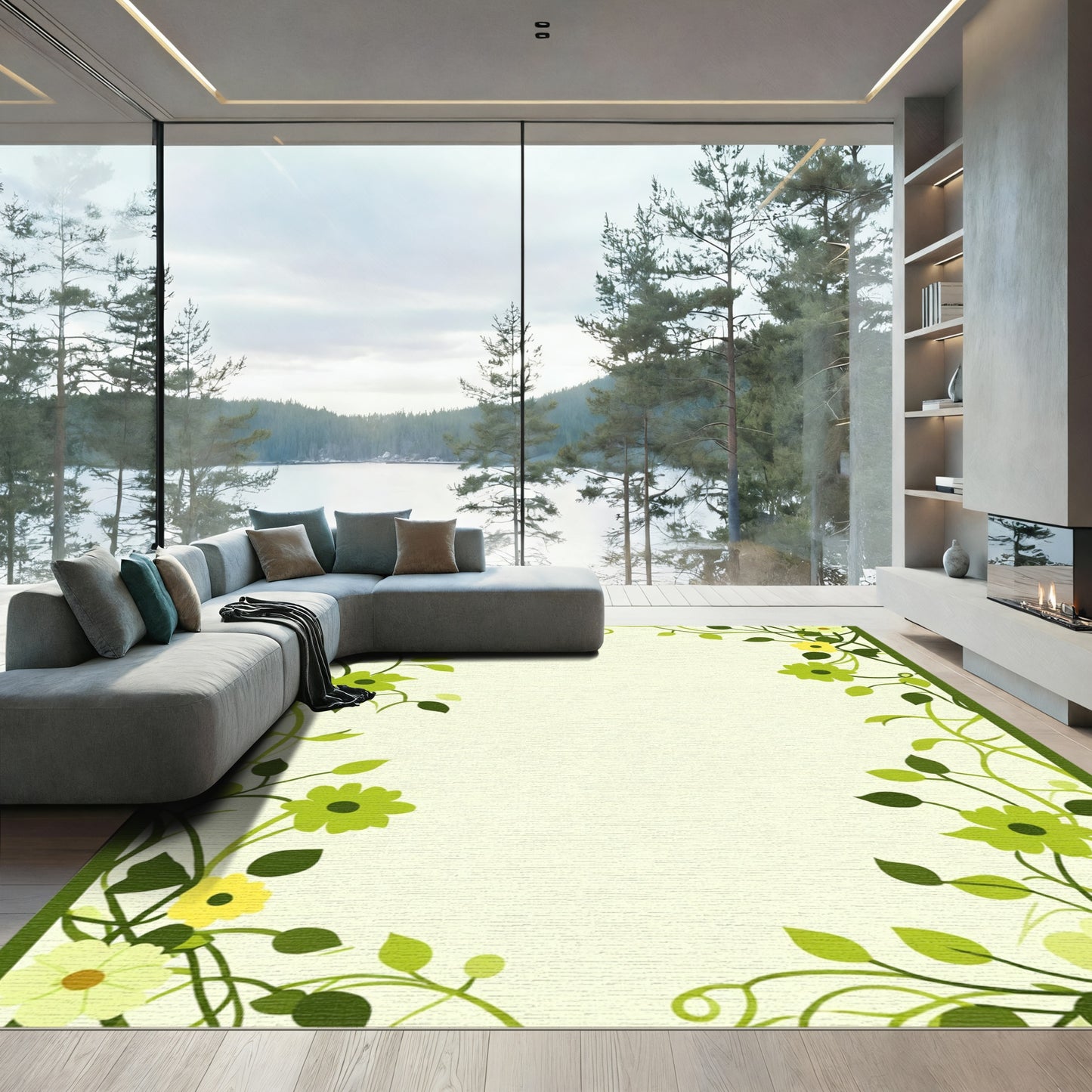Lush Green Floral Vine Border Rug