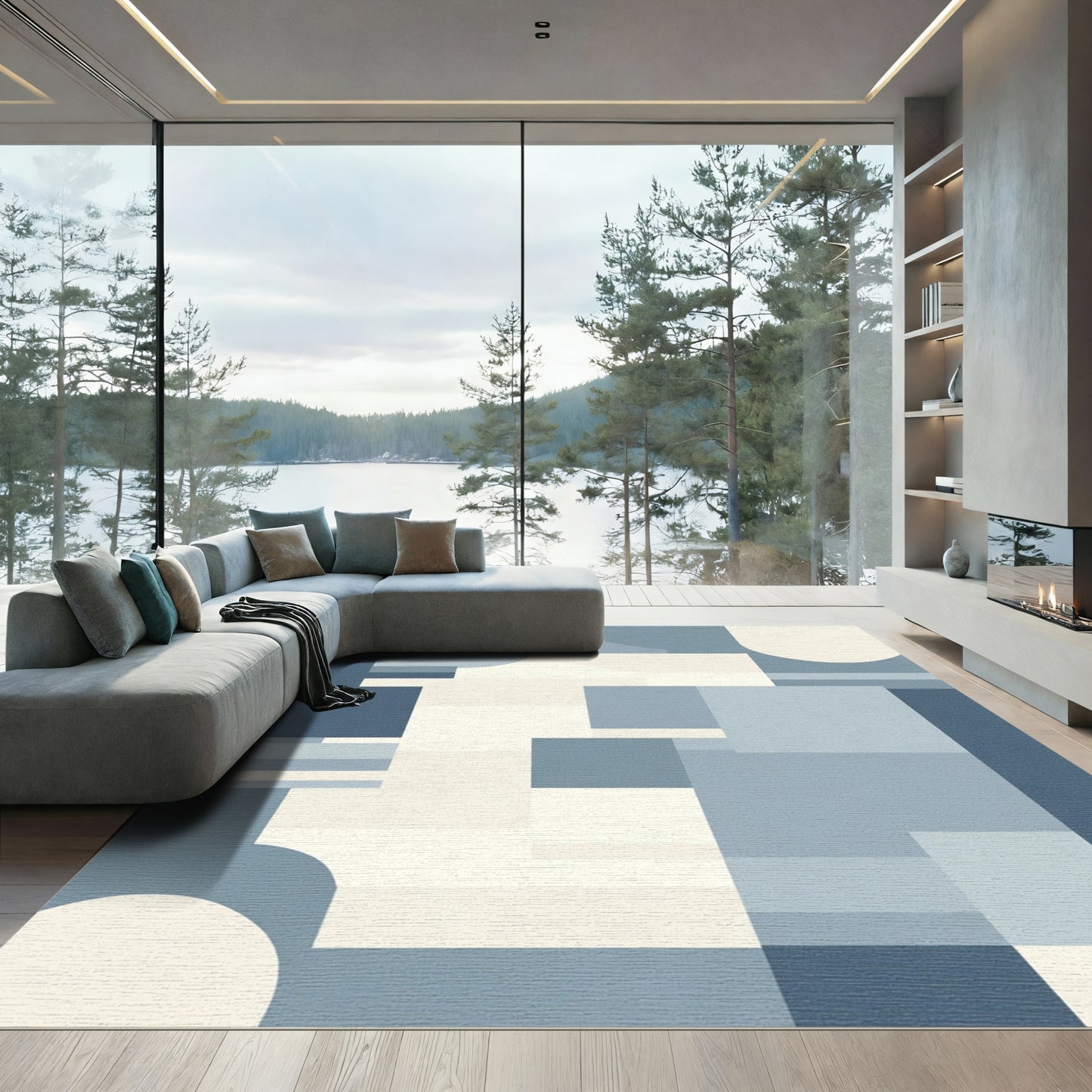 Cool Blue Abstract Geometric Composition Rug