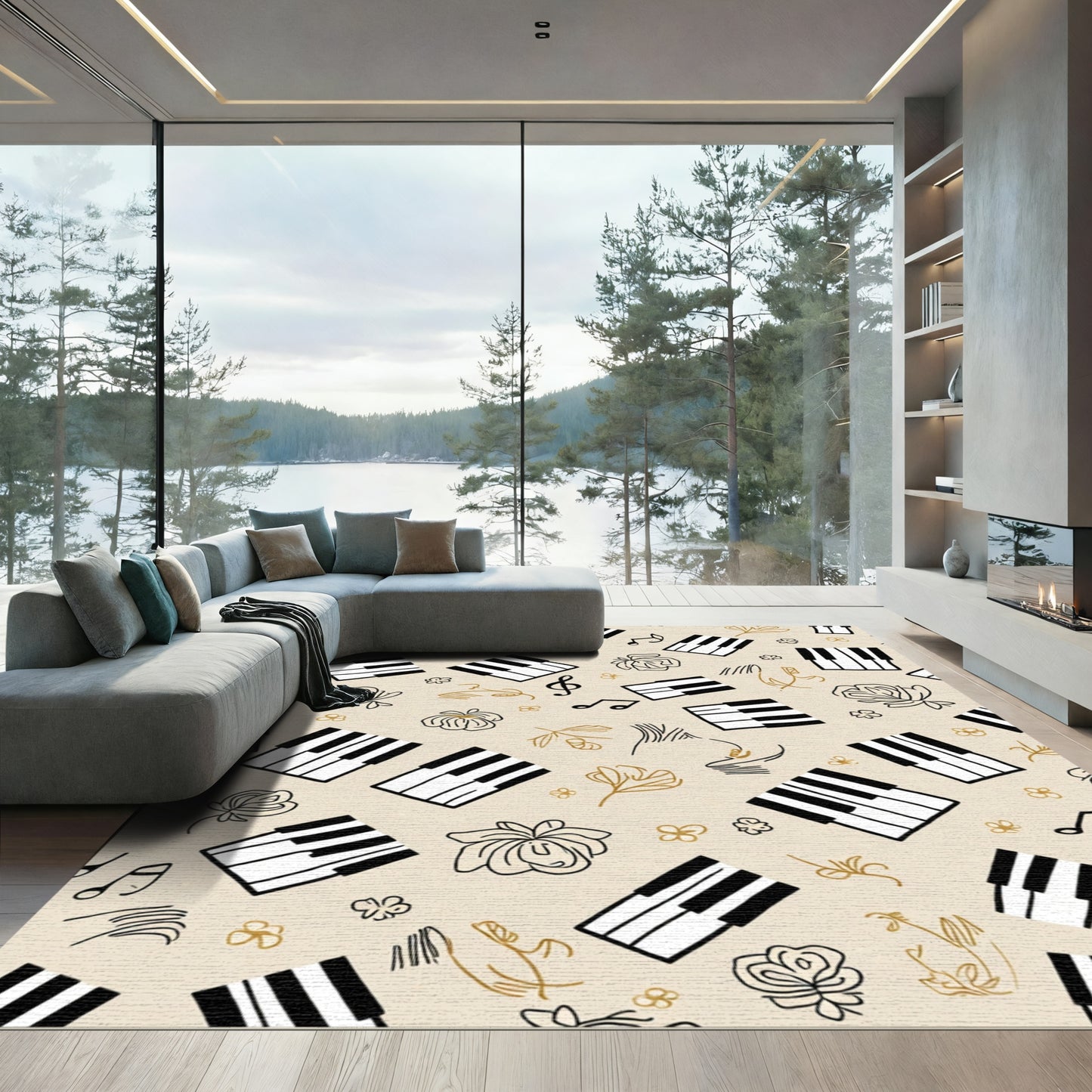 Beige Piano Keys Floral Music Notes Rug