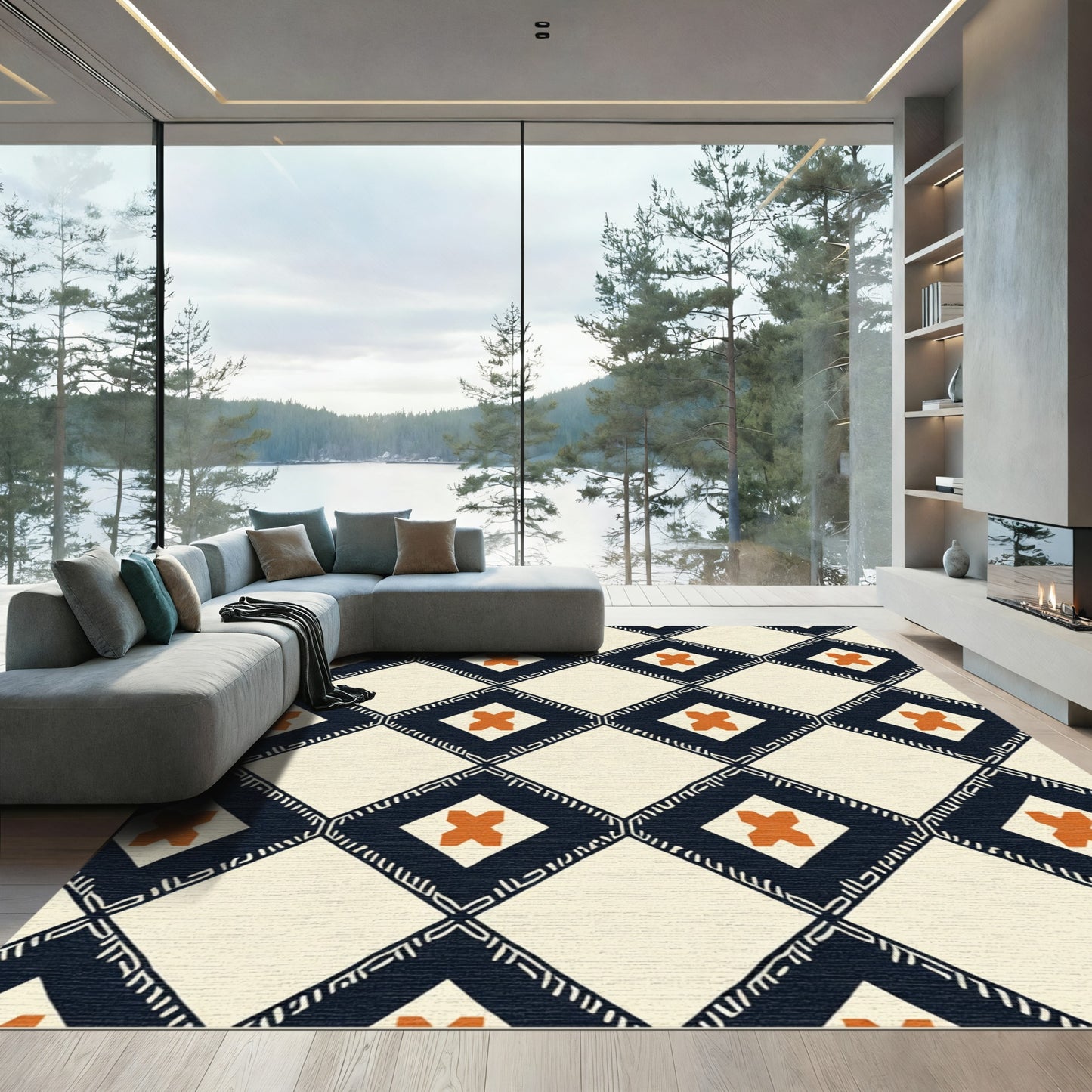 Cream Navy Orange Diamond Cross Rug