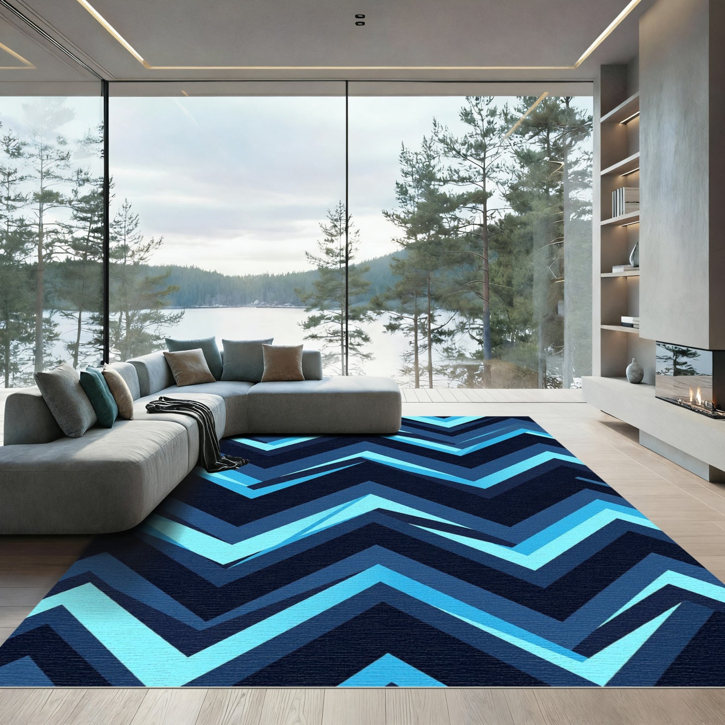 Deep Blue Geometric Chevron Rug