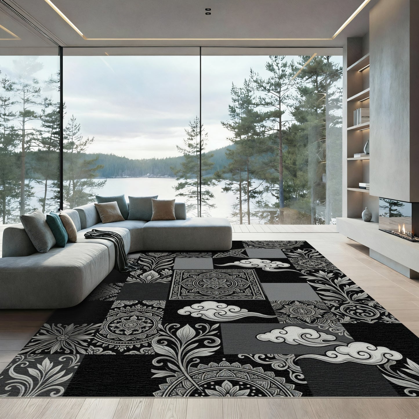 Monochromatic Collage Mandala Cloud Artwork Rug