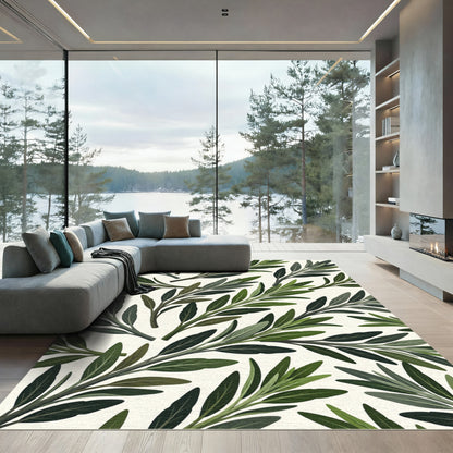Deep Green Olive Branch Pattern Rug