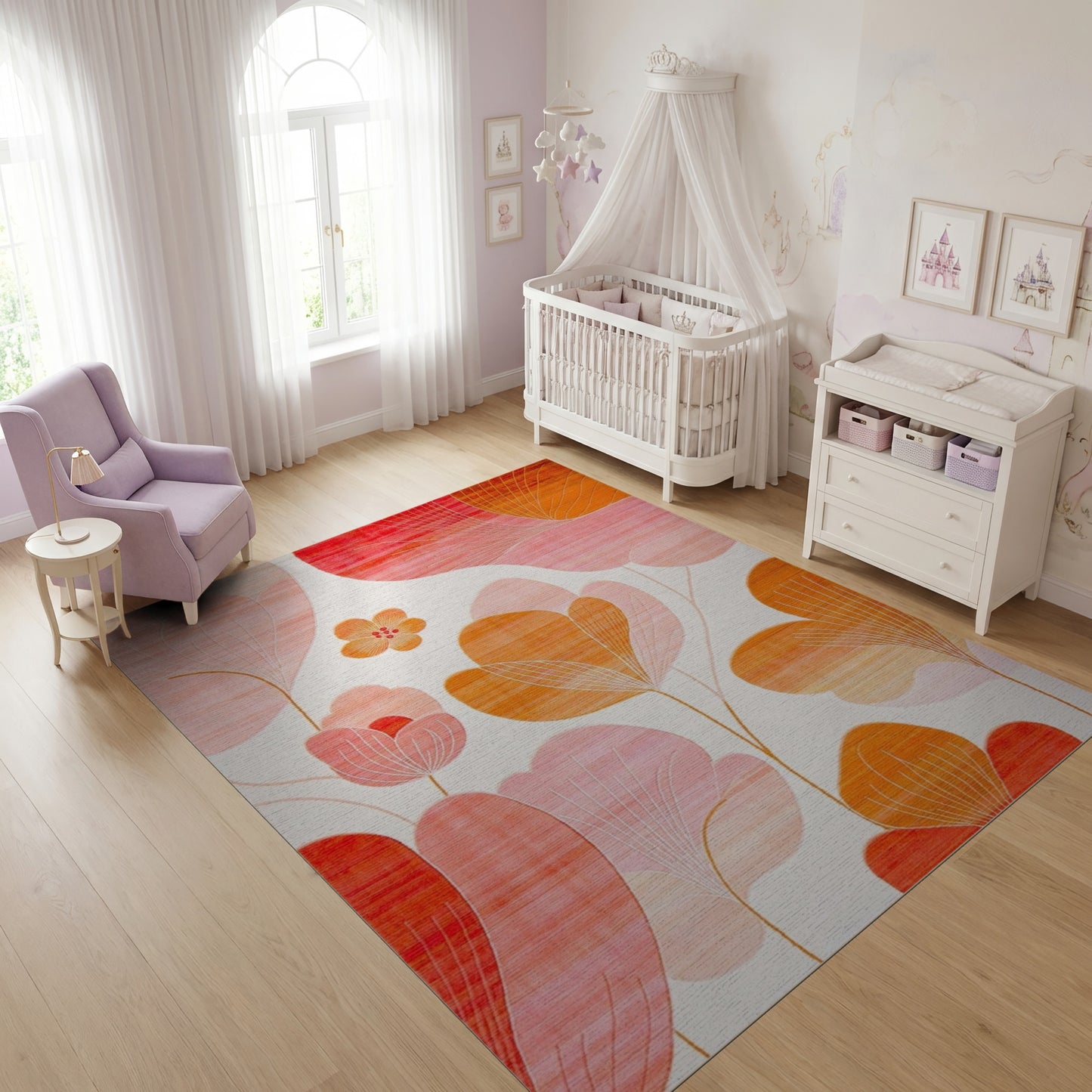 Modern Pink Orange Abstract Petals Rug
