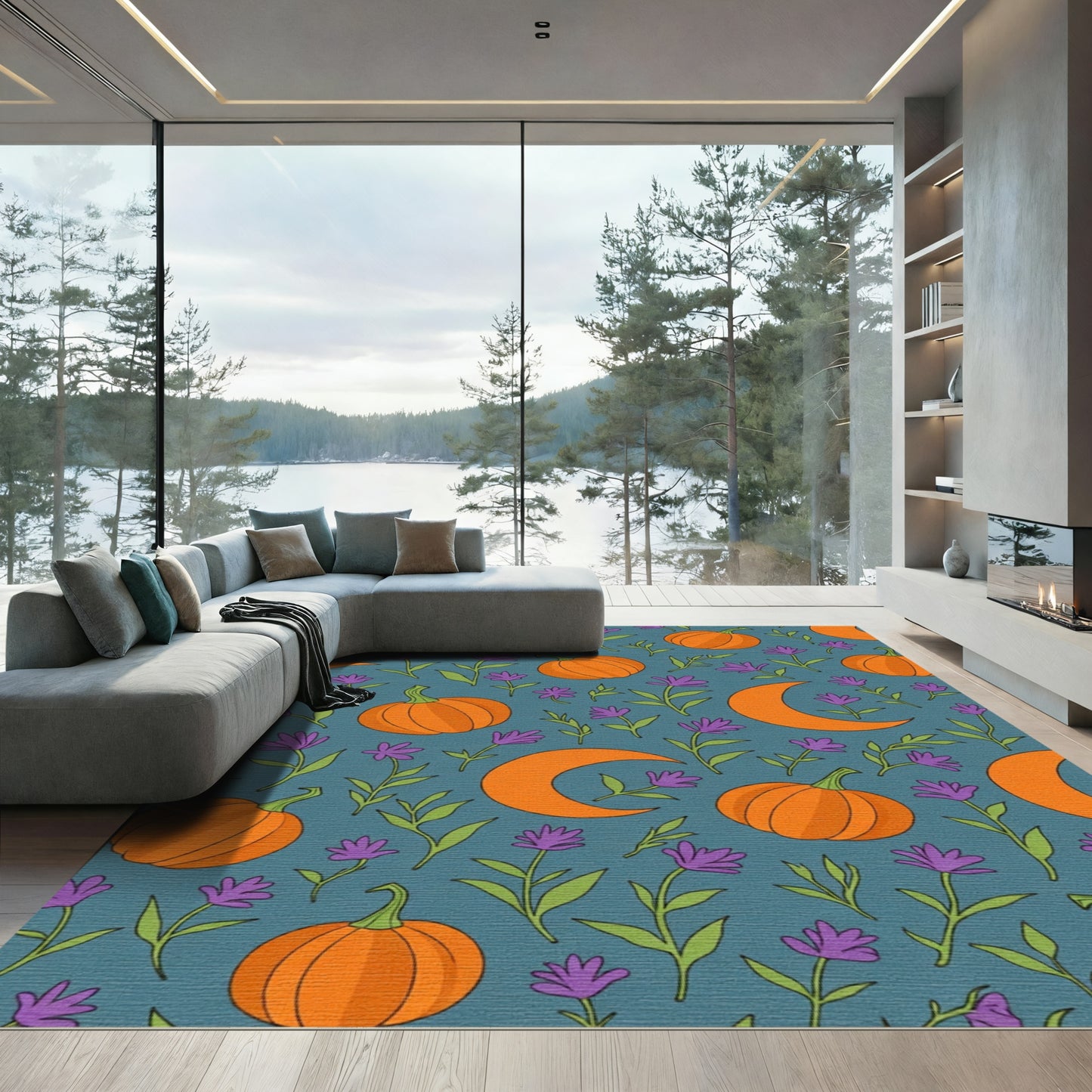 Orange Pumpkin Crescent Moon Floral Rug