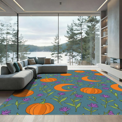 Orange Pumpkin Crescent Moon Floral Rug