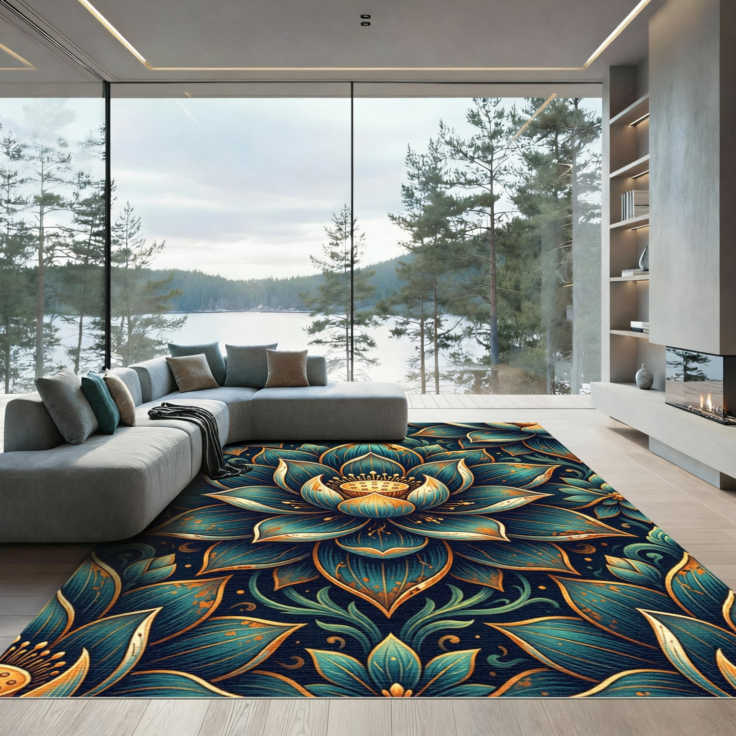 Ornate Teal Gold Lotus Floral Mandala Rug