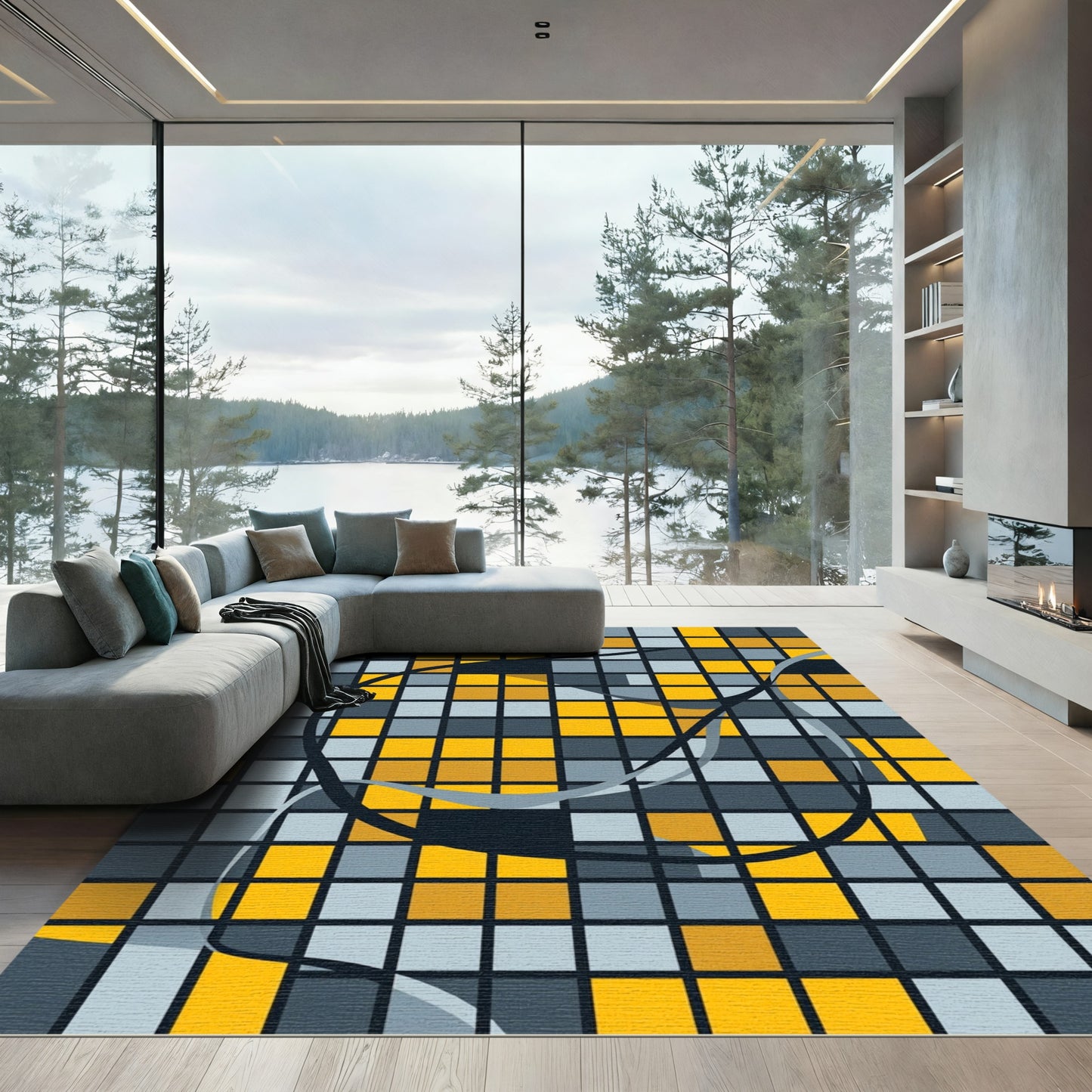 Abstract Golden Yellow Gray Grid Rug
