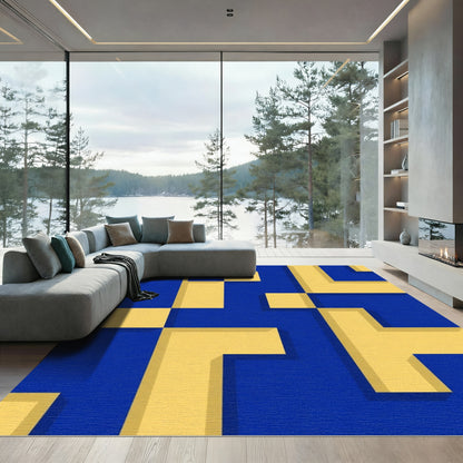 Bold Blue Yellow Geometric Abstraction Rug