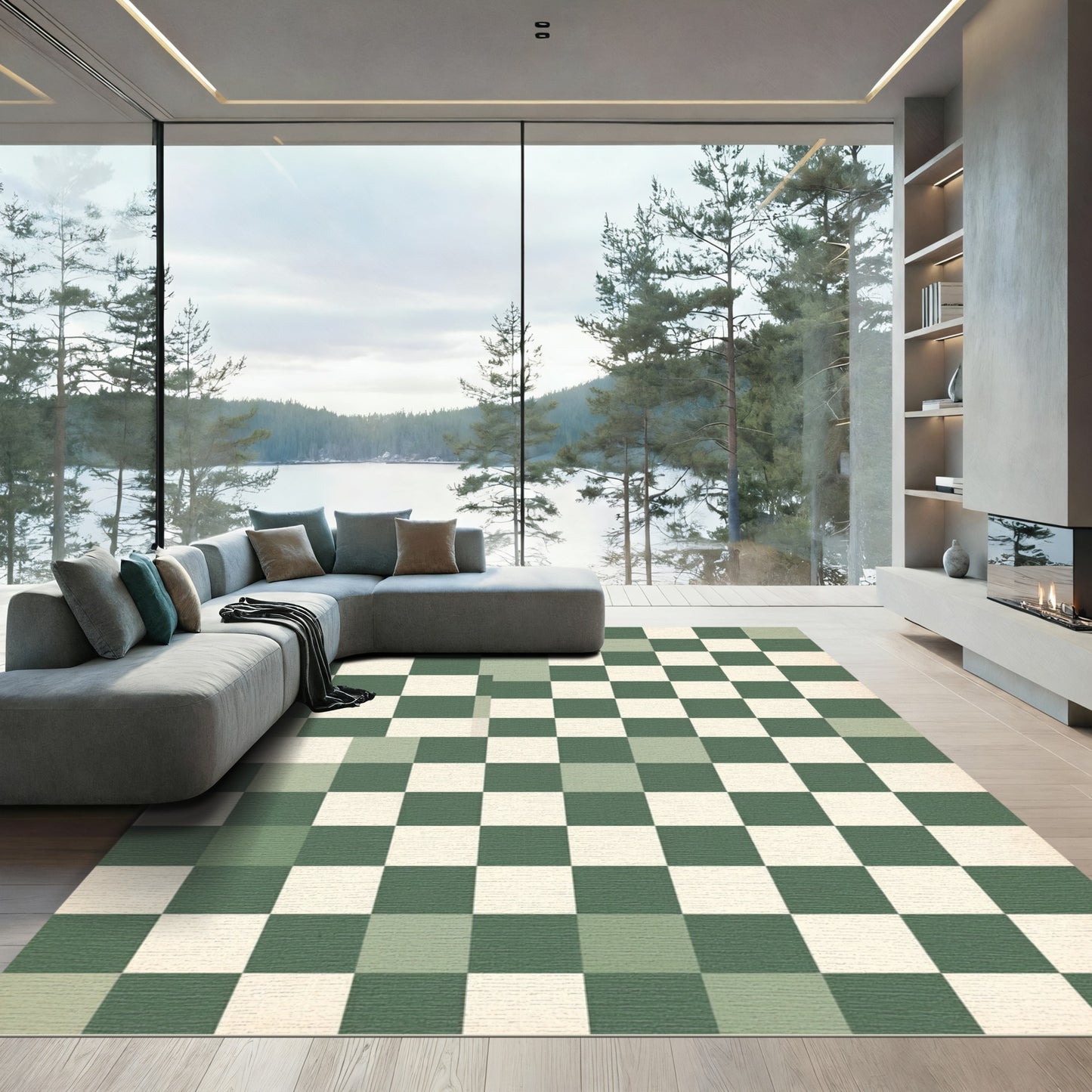 Sage and Cream Checkerboard Grid Rug