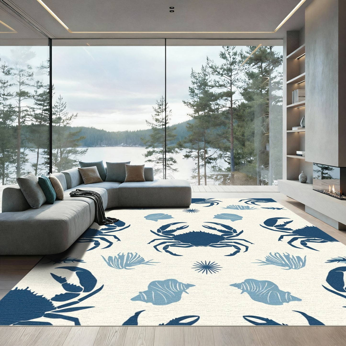 Deep Blue Crab Shell Seaside Collection Rug