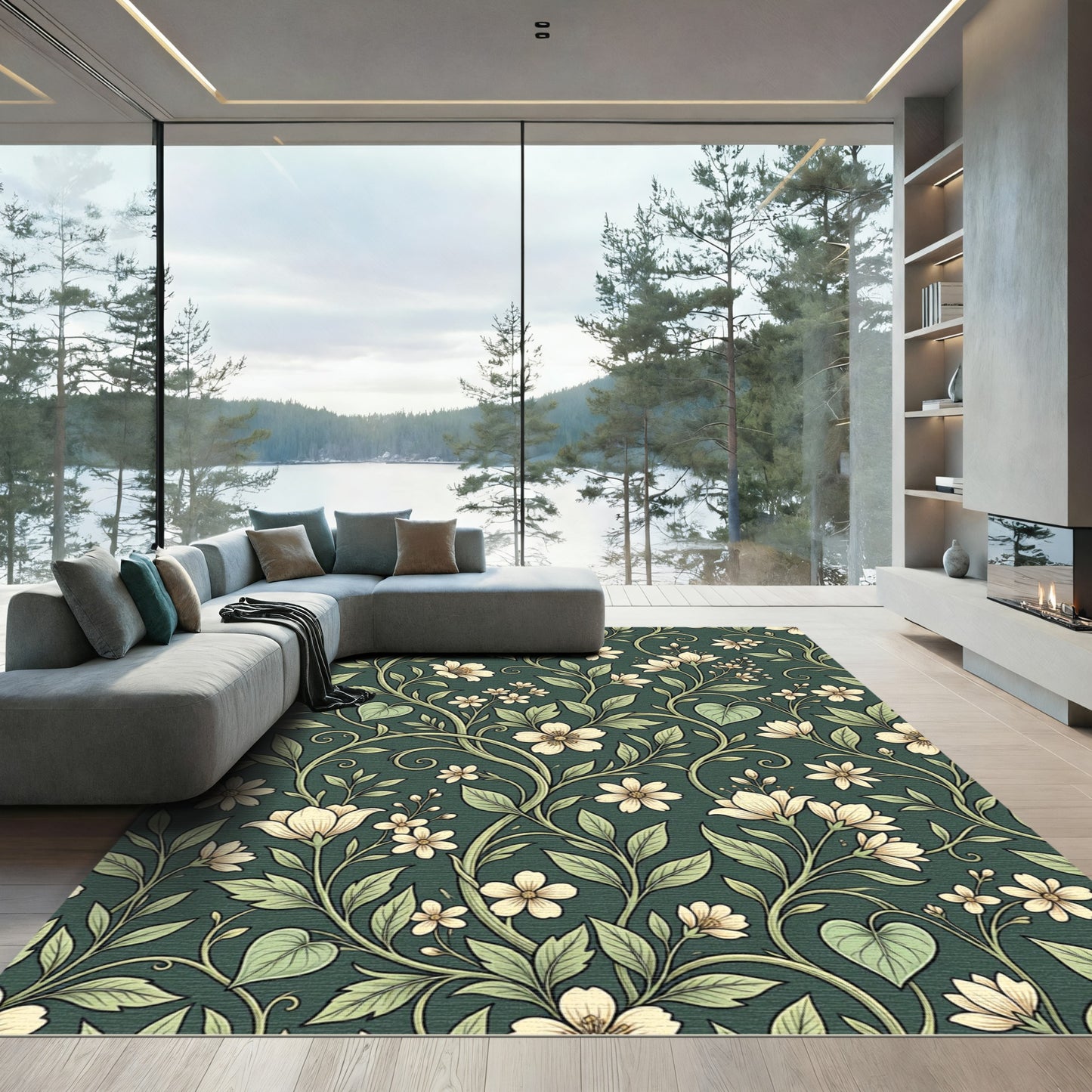 Elegant Deep Green Floral Botanical Scroll Rug
