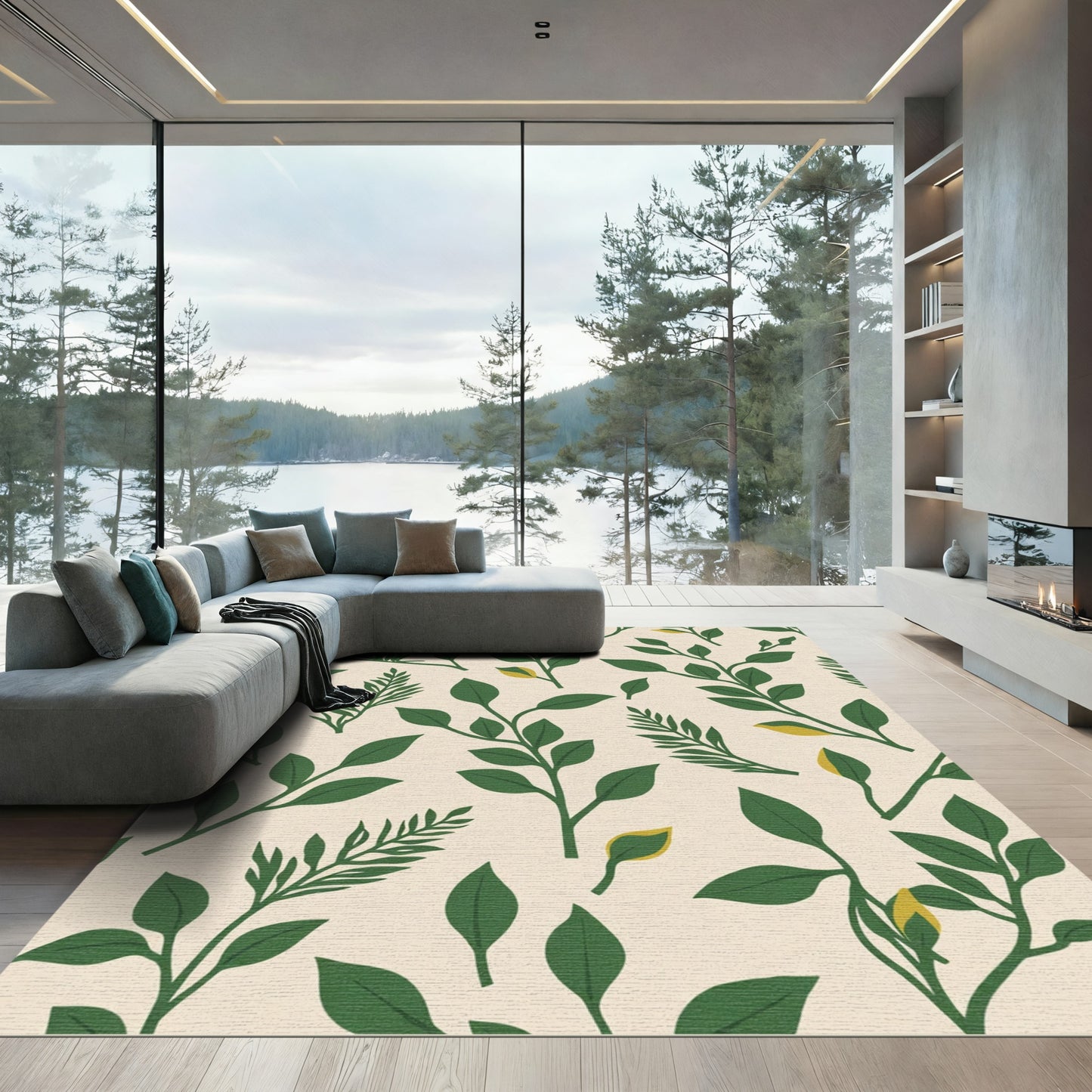 Green Leaf Botanical Branches Cream Rug