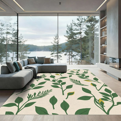 Green Leaf Botanical Branches Cream Rug