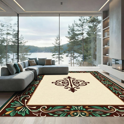 Ornate Brown Green Floral Medallion Frame Rug