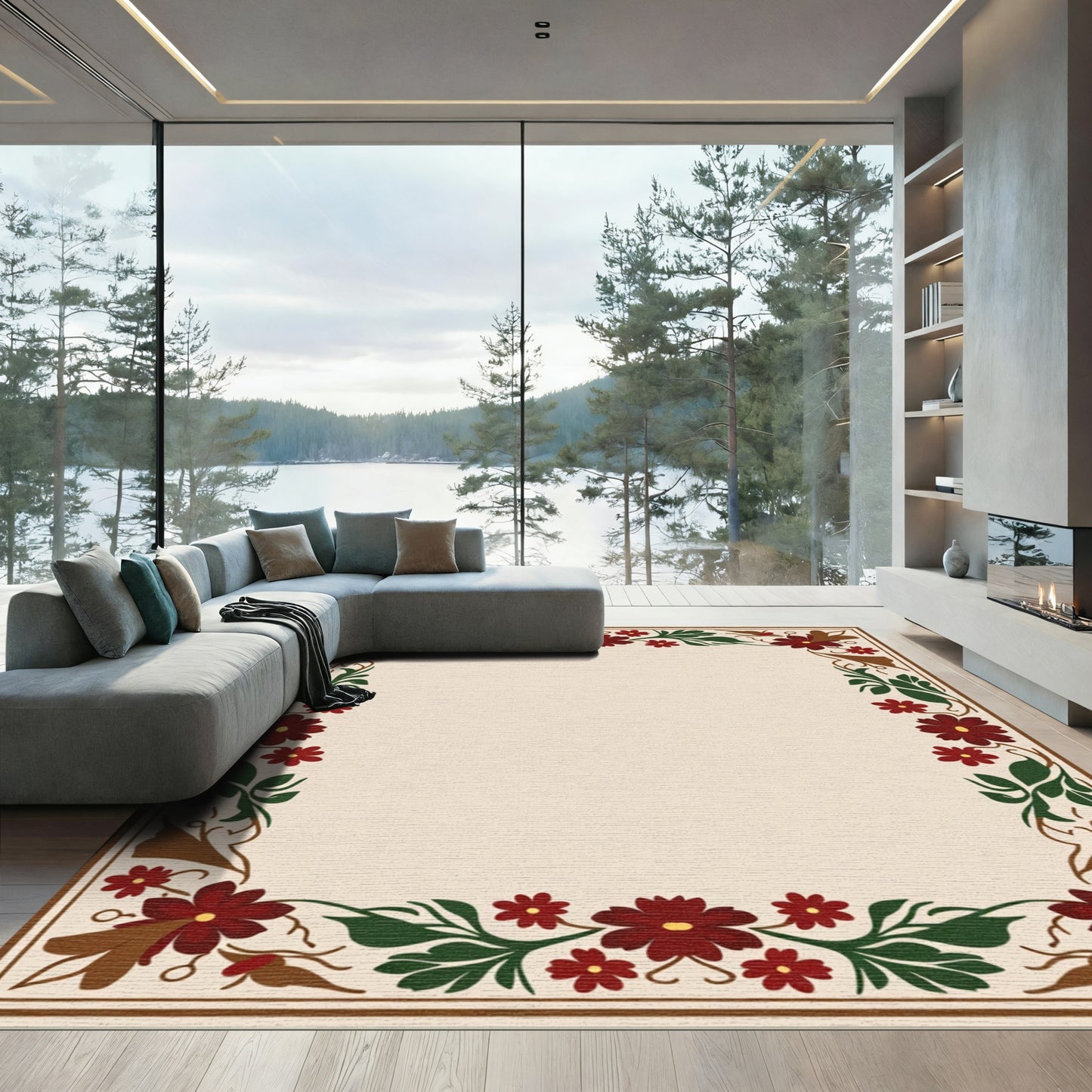 Crimson Floral Vine Border Rug
