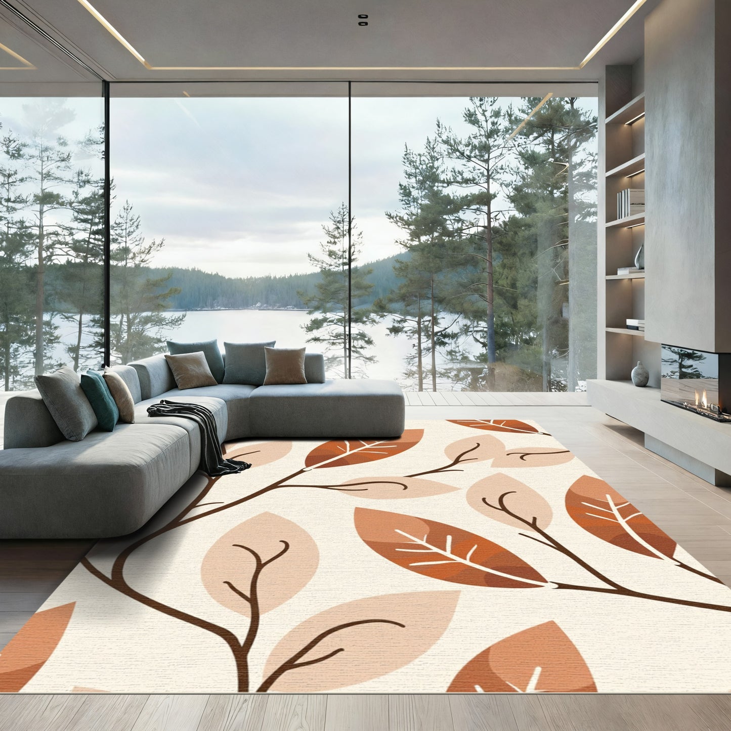 Earthy Autumn Leaf Branch Arrangement Rug