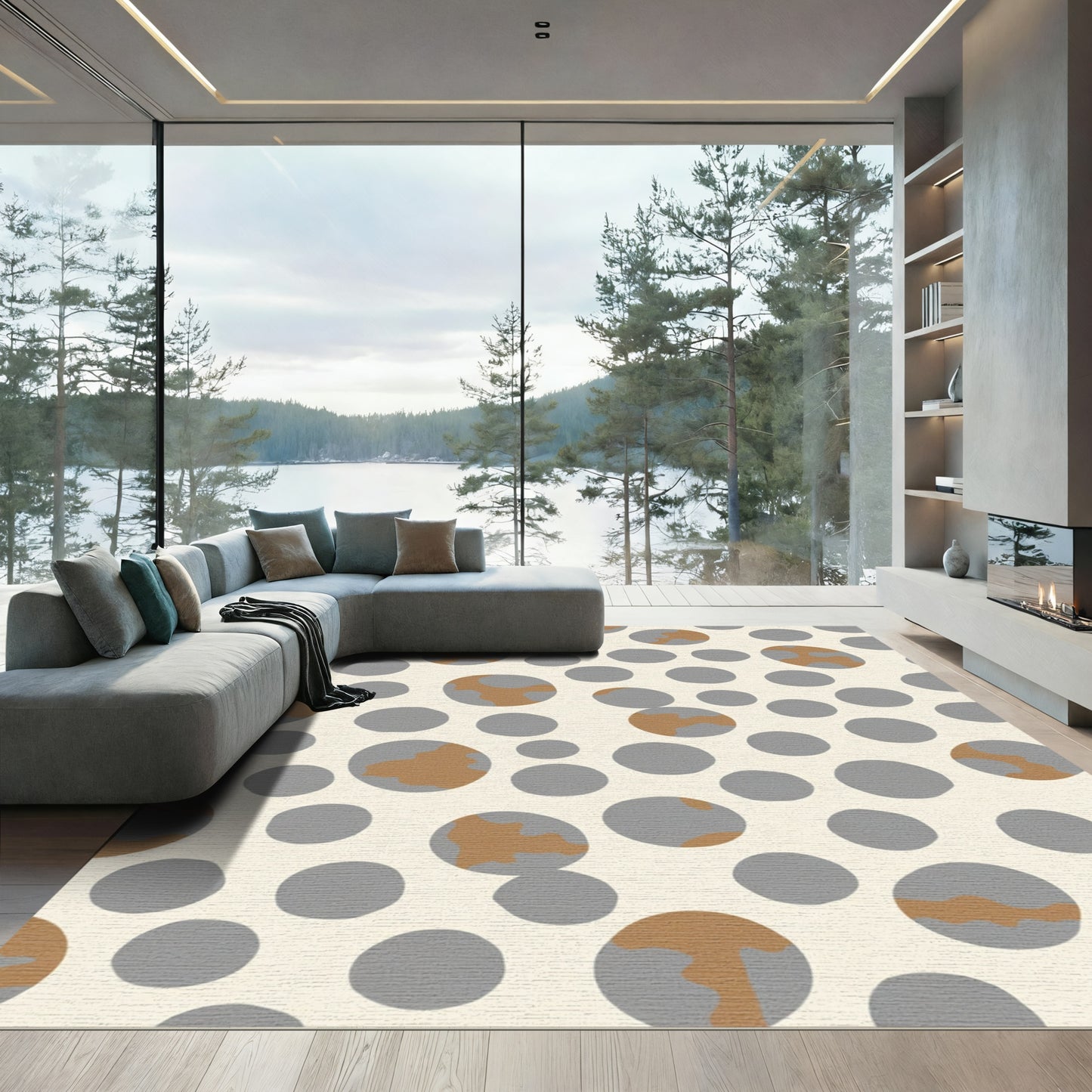 Gray and Tan Abstract Circles Rug