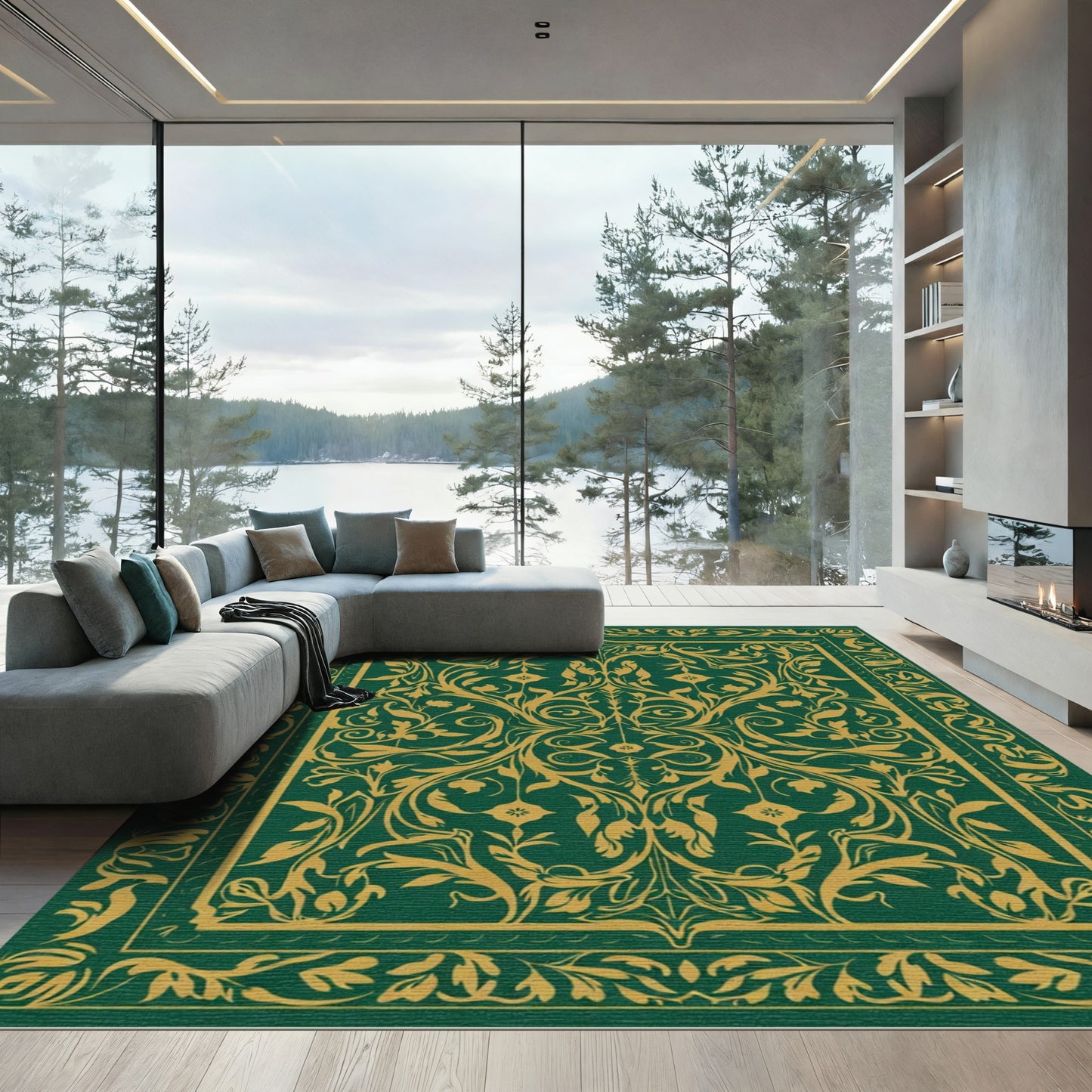 Elegant Gold Floral Vine Scroll Rug