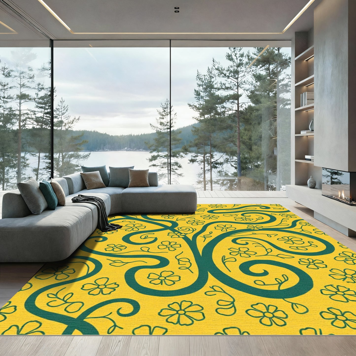 Golden Yellow Green Floral Swirl Rug